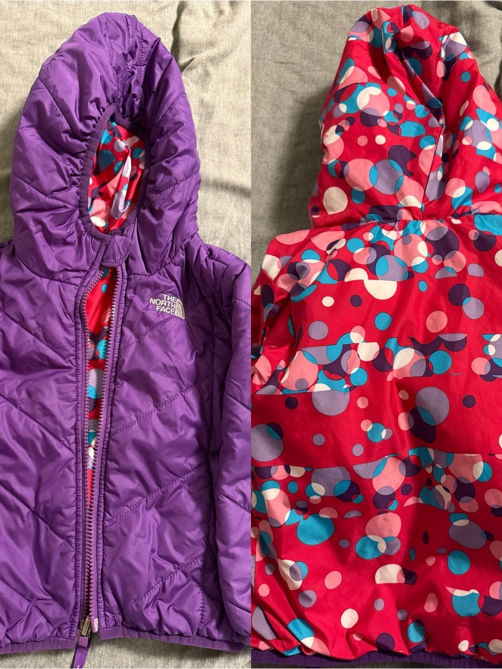 The North Face Girls Reversible Hooded Jacket - Purple & Pink Dot Print 3T